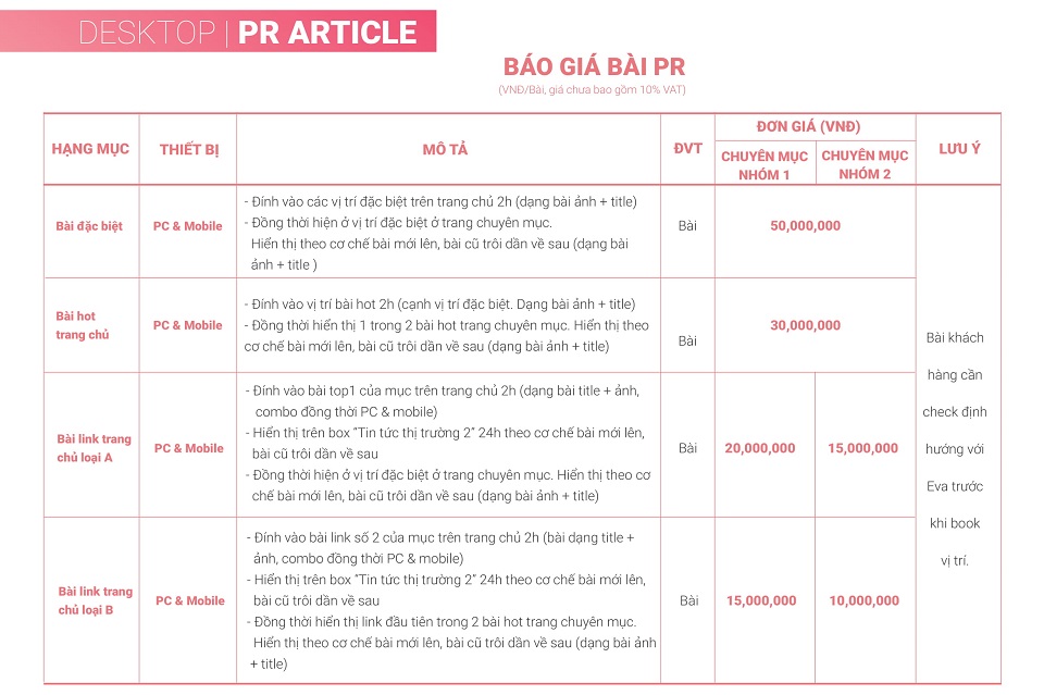 báo giá bài pr trên eva