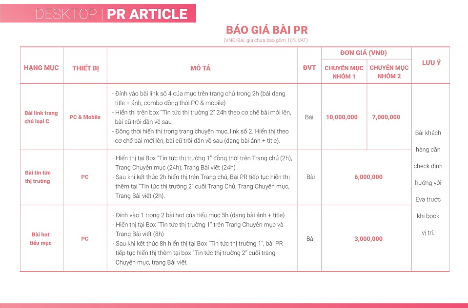 báo giá bài pr trên eva