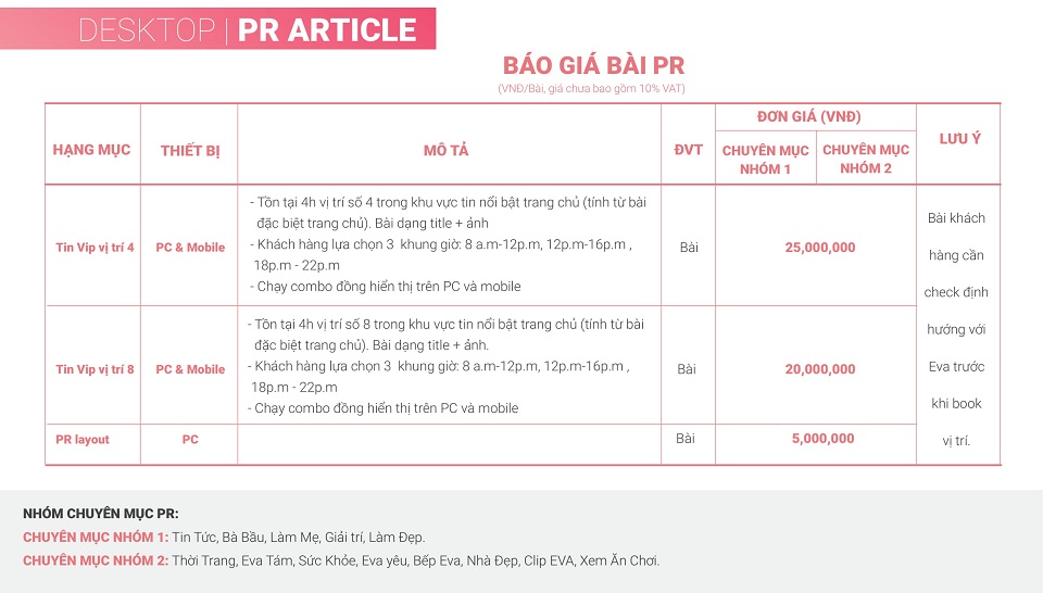 báo giá bài pr trên eva