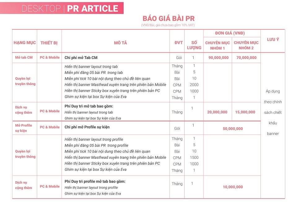 báo giá bài pr trên eva