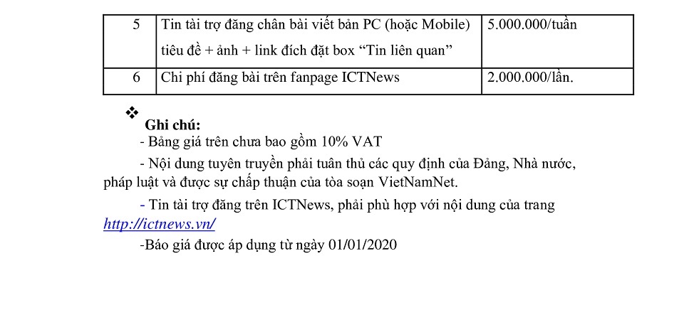 Báo giá quảng cáo ICTNews